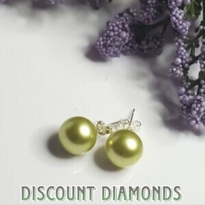 Light Green 10mm South Sea Shell Pearl Stud Earrings on 925 Silver